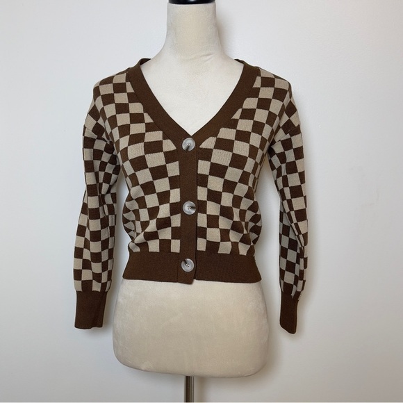 Willow & Wind Sweaters - Vintage-Inspired Brown & Cream Checkerboard Cropped Cardigan Women XS